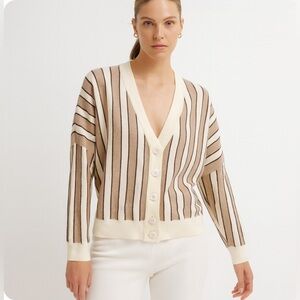 NWT Bianco Nero Women's Beige White Striped Cardigan Sweater Size M Coastal